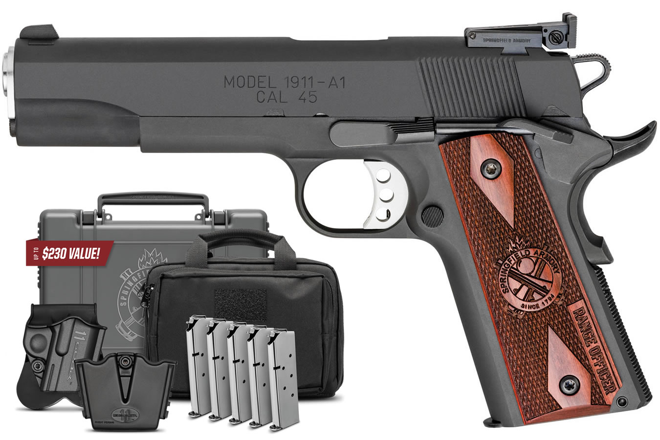 SPRINGFIELD 1911 RANGE OFFICER 45 ACP 5 IN BBL CARBON STEEL SLIDE AND FRAME GEAR UP PACKAGE