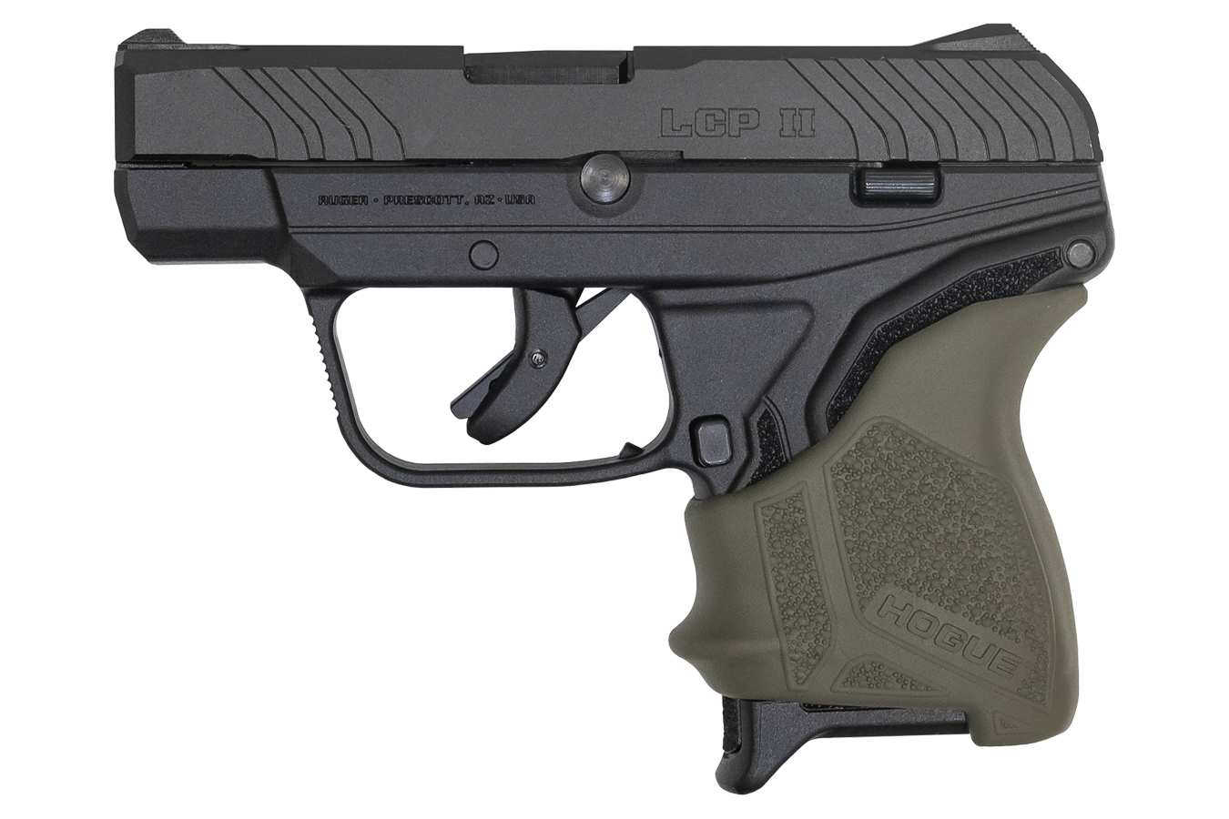 RUGER LCP II 380 AUTO WITH OD GREEN HOGUE GRIP SLEEVE