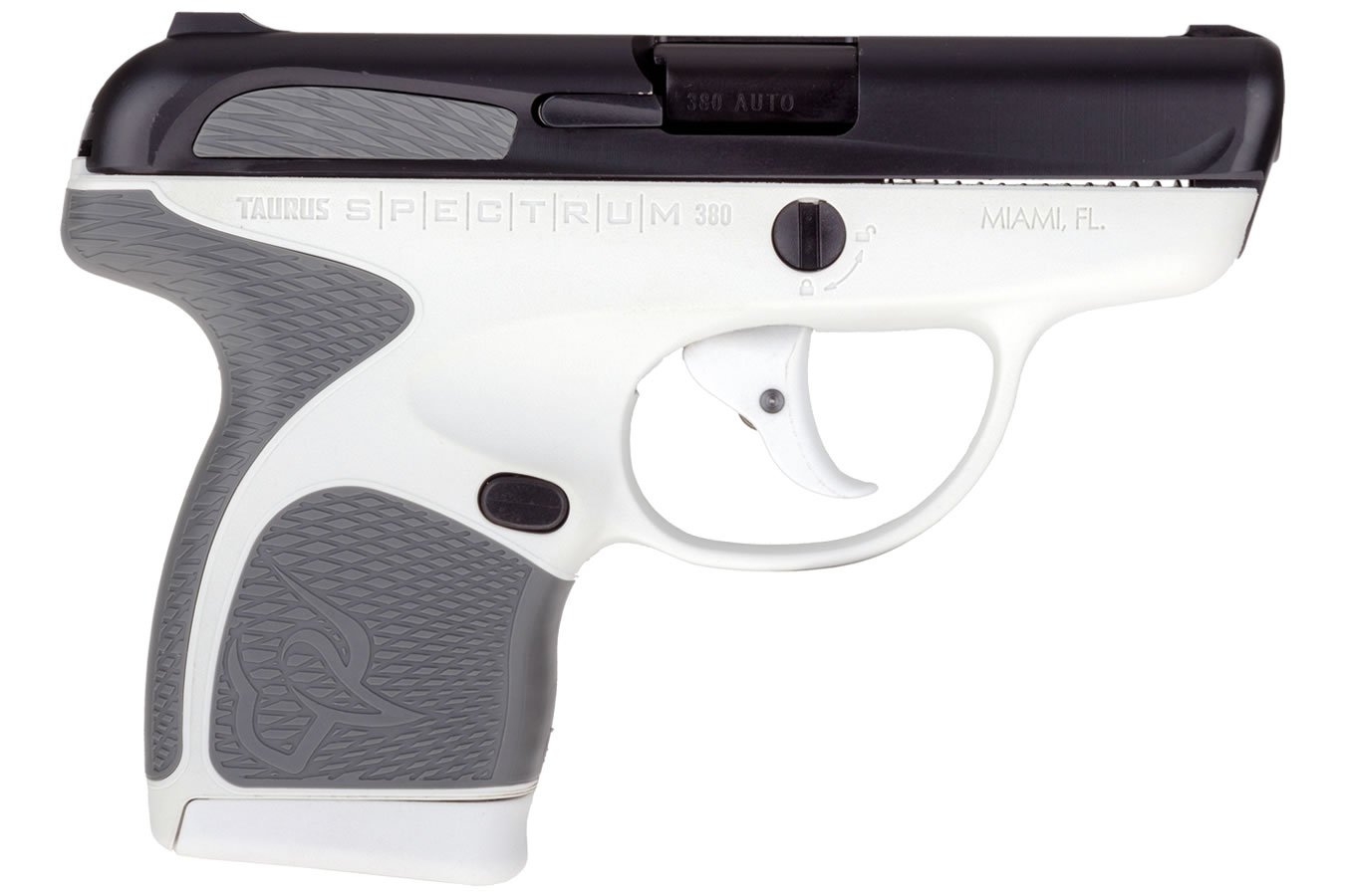 TAURUS SPECTRUM .380 AUTO WHITE/BLACK PISTOL WITH GRAY GRIPS