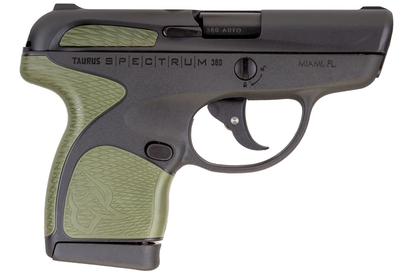 TAURUS SPECTRUM .380 AUTO BLACK W/ ARMY GREEN GRIPS