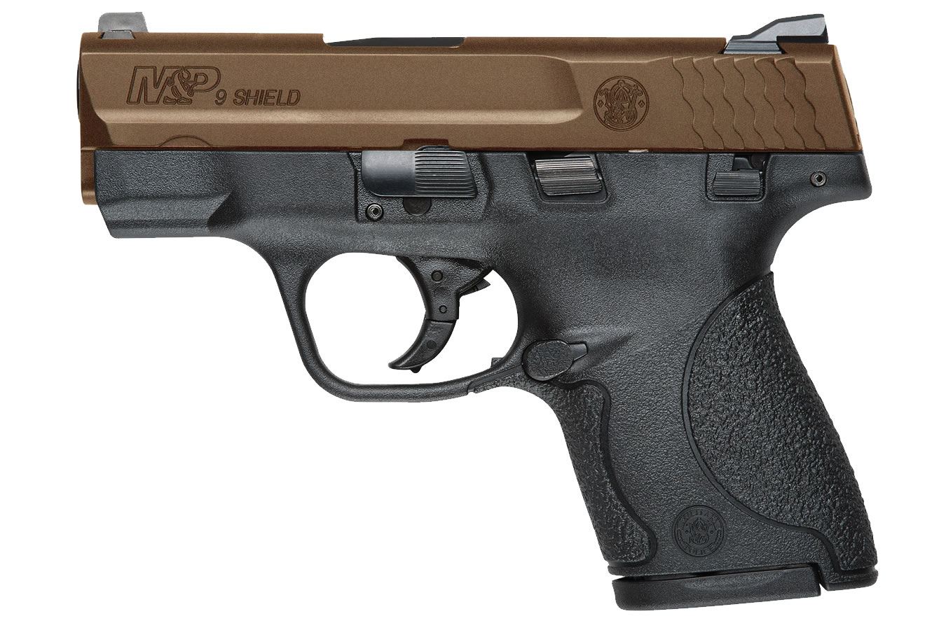 SMITH AND WESSON MP9 SHIELD 9MM CENTERFIRE PISTOL WITH BRONZE CERAKOTE SLIDE AND THUMB SAFETY