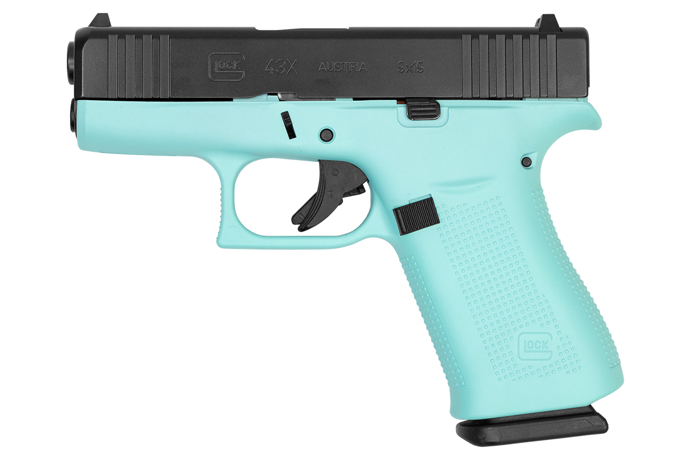 GLOCK 43X 9MM BLK SLIDE/ROBIN EGG BLUE FRAME