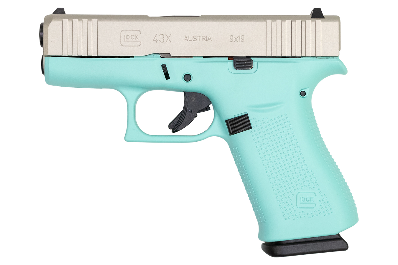 GLOCK 43X 9MM ROBBINS EGG BLUE FRAME SILVER SLIDE