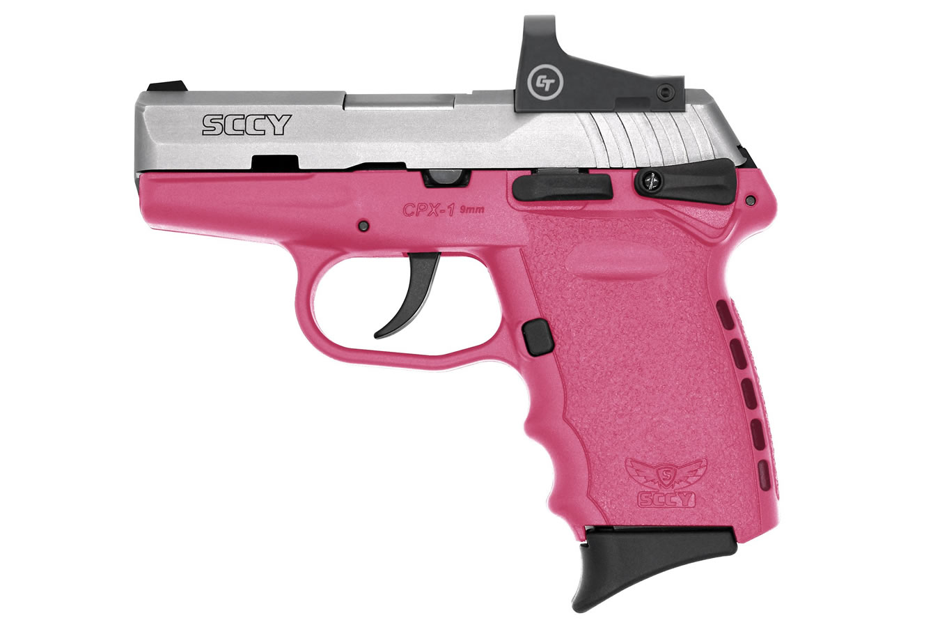SCCY CPX1 9MM PINK FRAME SILVER SLIDE RED DOT