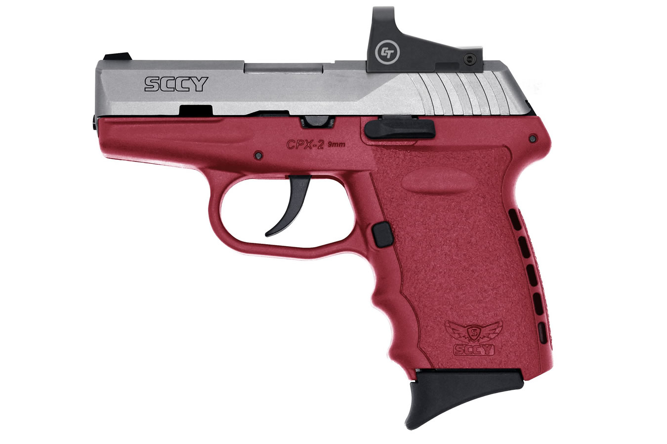 SCCY CPX2 9MM CRIMSON RED FRAME SILVER SLIDE RED DOT