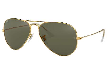 RAY BAN Aviator Classic Sunglasses with Polished Gold Frames and Crystal Green Polarized Lenses