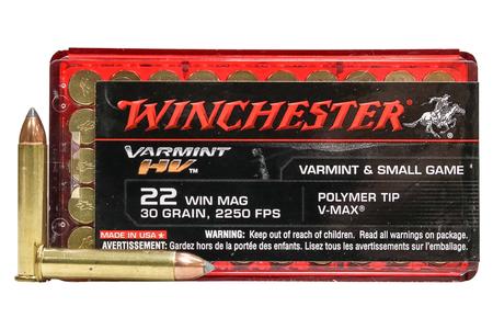 WINCHESTER AMMO 22 Win Mag 30 gr Polymer Tip V-Max Varmint HV Police Trade-In Ammo 50/Box