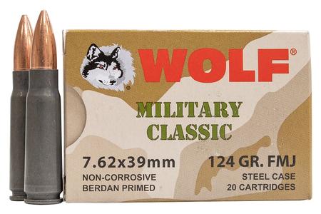 WOLF AMMO 7.62x39mm 124 gr FMJ Military Classic Steel Case 20/Box