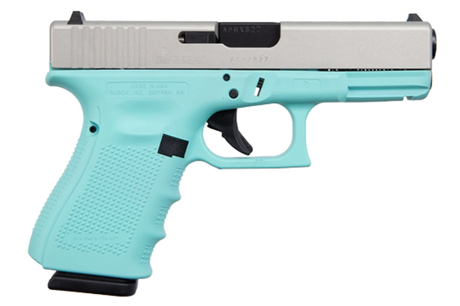 Glock 19 Gen4 9mm Pistol with Cerakote Robins Egg Blue Frame and Shimmering Aluminum S