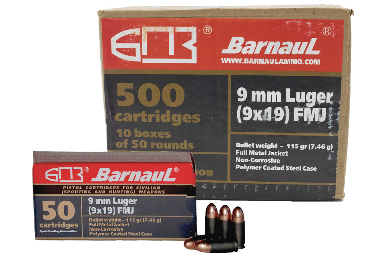 Barnaul 9mm 115 gr FMJ Polymer Coated Steel 500/Case