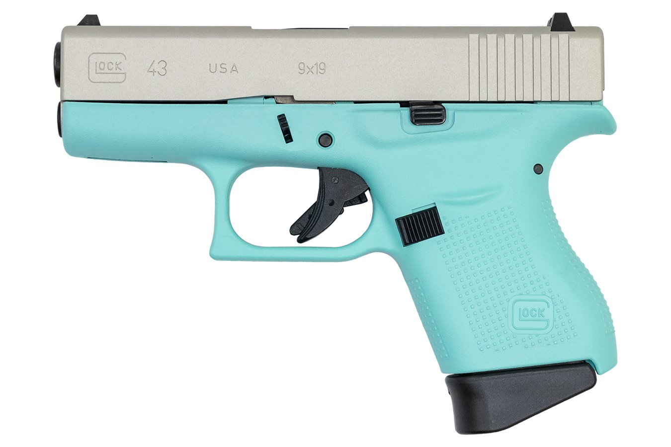 GLOCK 43 9MM ROBINS EGG BLUE FRAME SILVER SLIDE