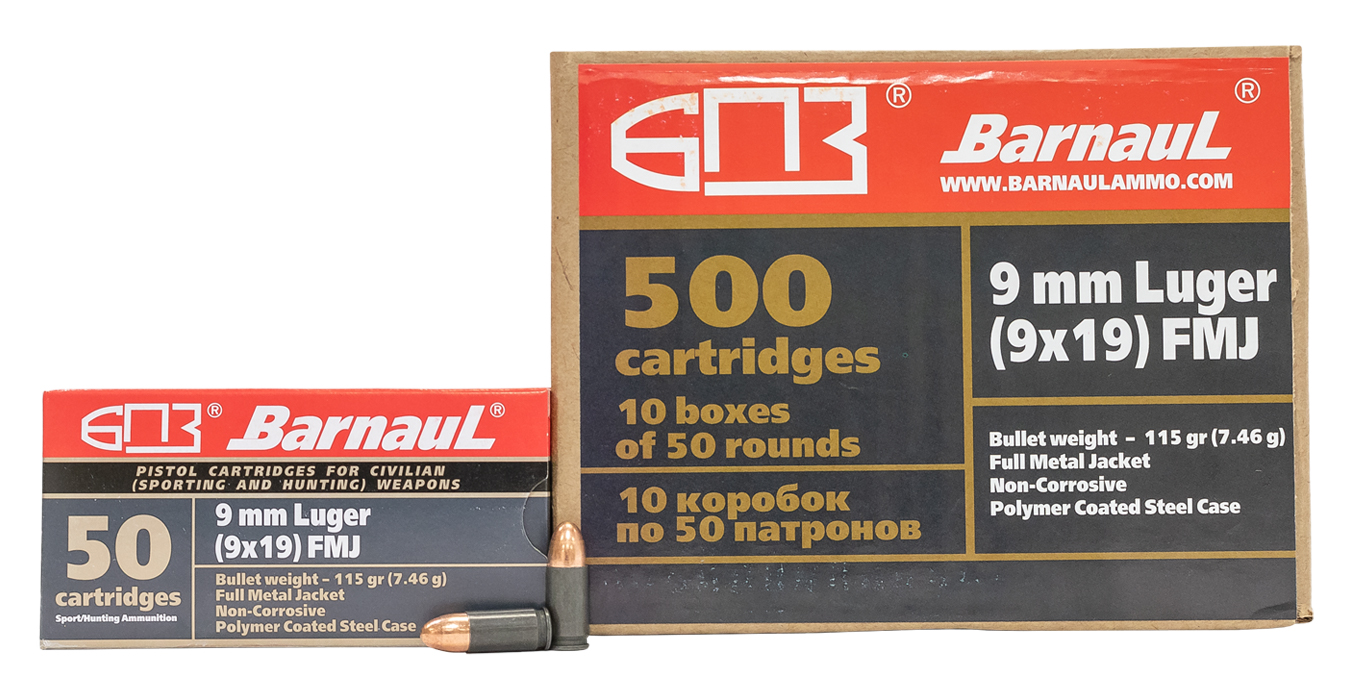 BARNAUL 9MM LUGER 115 GR FMJ STEEL POLYCOATED CASE 500/CASE