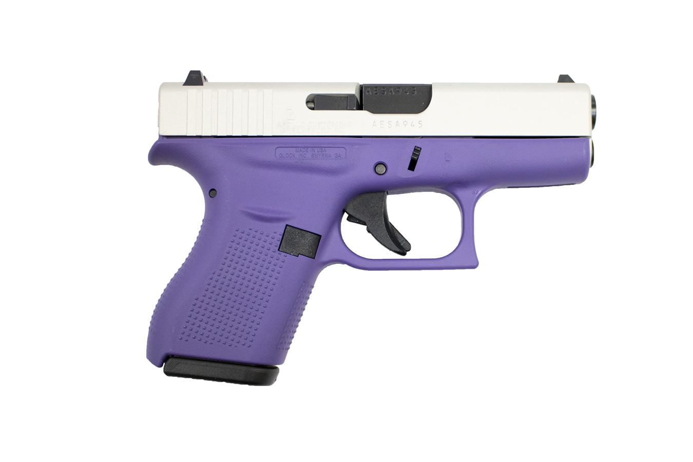 GLOCK 42 380 AUTO PISTOL WITH CERAKOTE PURPLE FRAME AND SHIMMERING ALUMINUM SLIDE