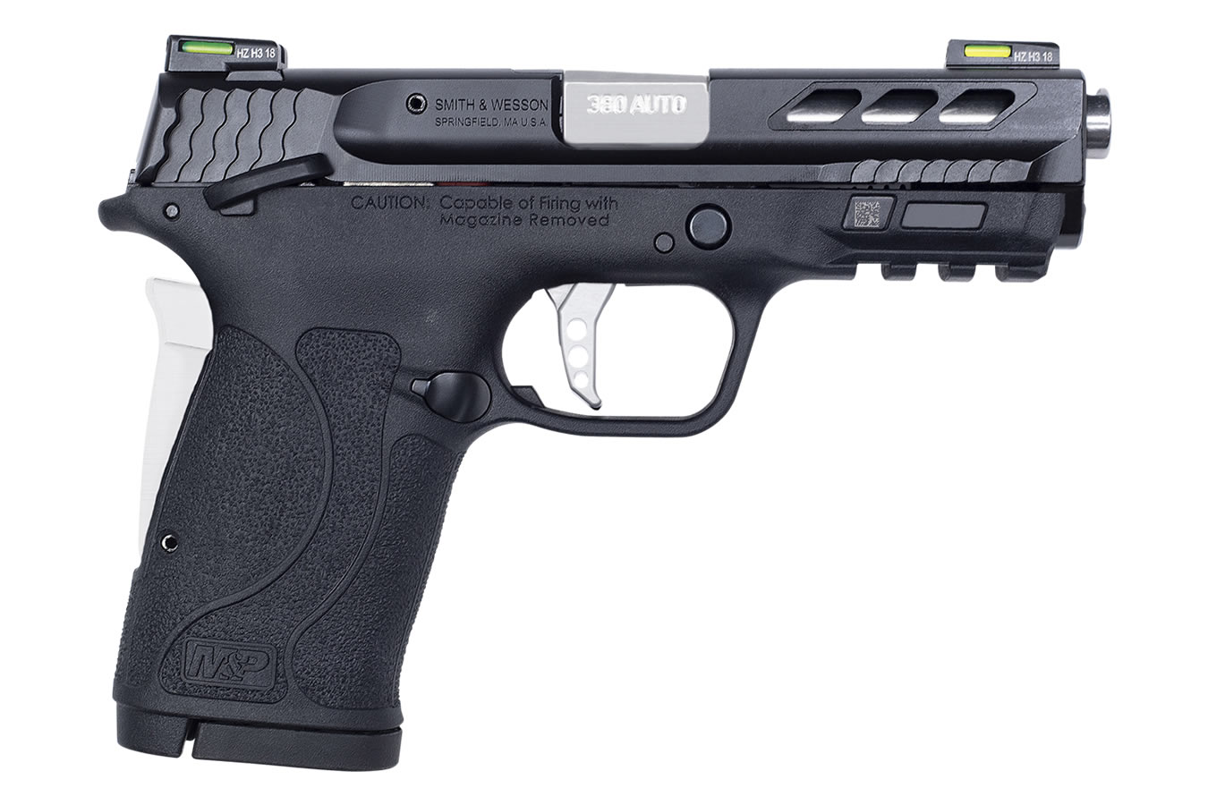 SMITH AND WESSON MP380 SHIELD 380 ACP EZ PERFORMANCE SILVER PORTED BARREL WITH HI-VIZ LITEWAVE H