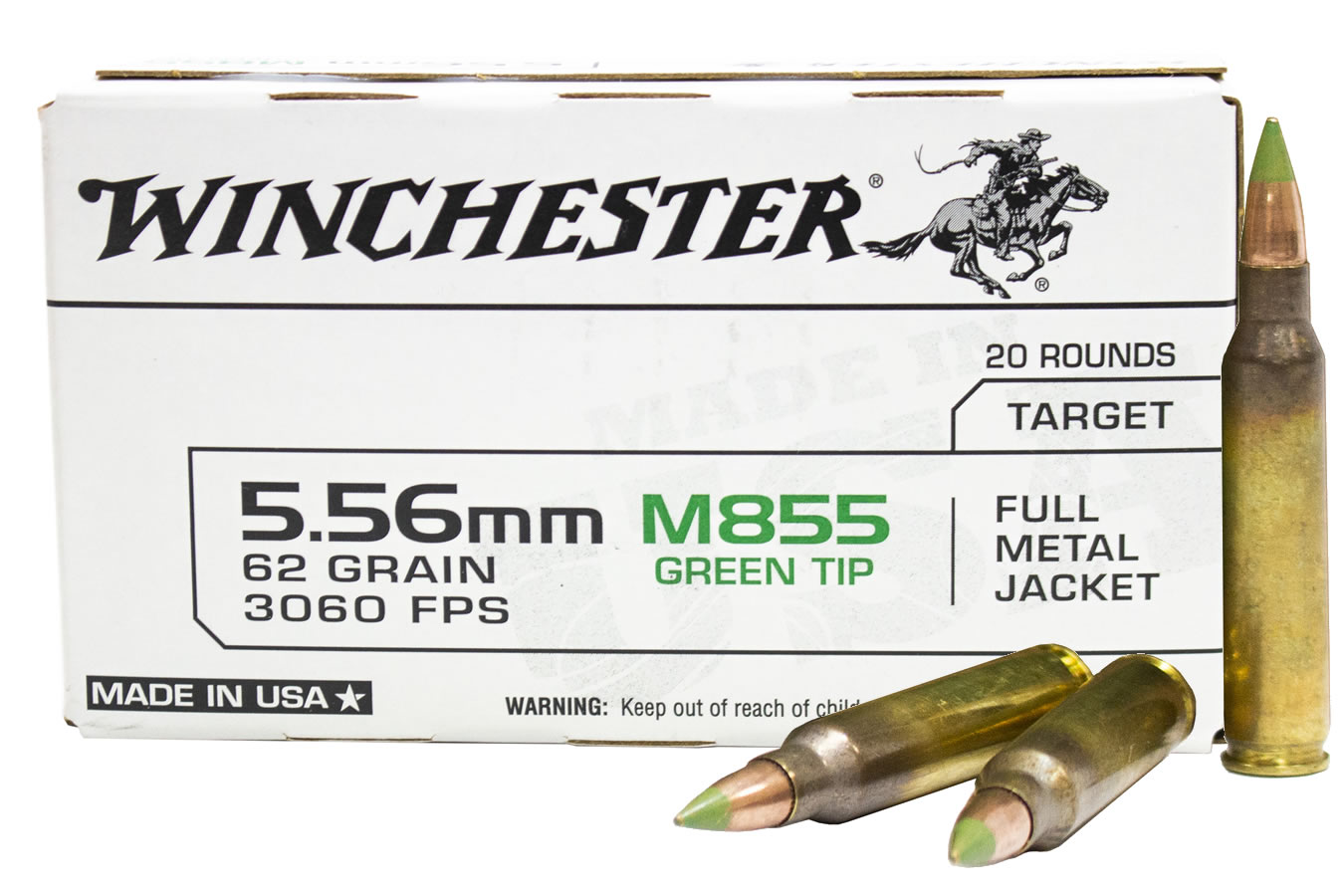 WINCHESTER AMMO 5.56MM NATO 62 GR FMJ M855 GREEN TIP LAKE CITY 20/BOX