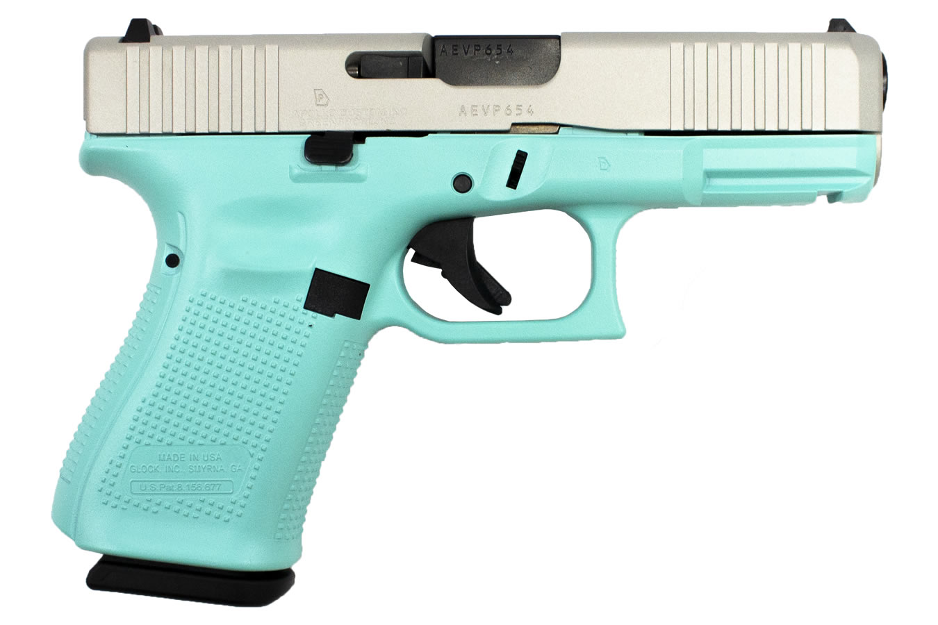 Glock 19 Gen5 9mm Pistol with Robins Egg Blue Cerakote Finish and Shimmering Aluminum 