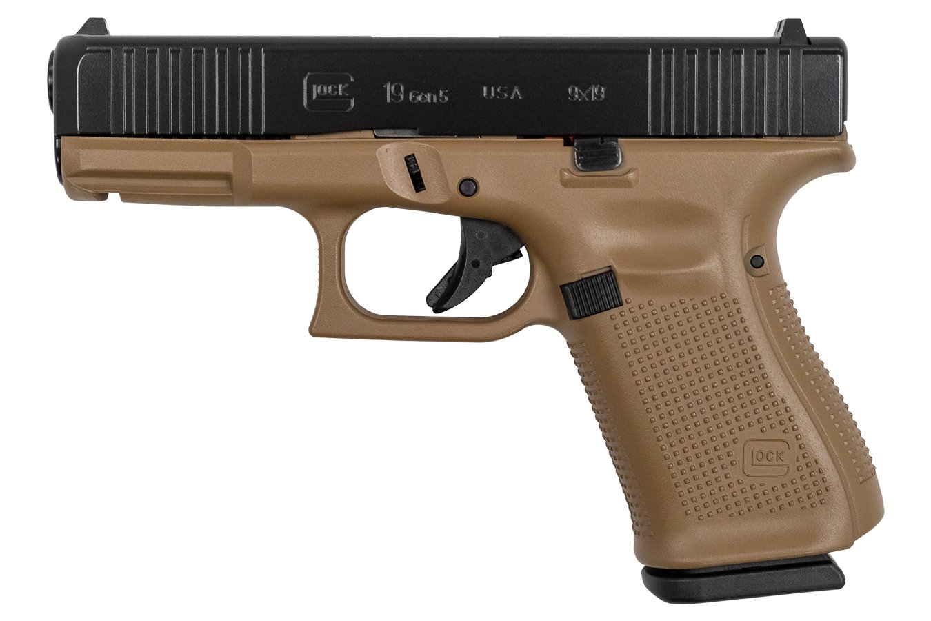 Glock 19 Gen5 9mm Pistol with Cerakote Dark Earth Frame and Black Slide