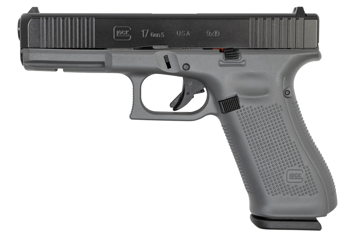 Glock 17 Gen5 9mm Pistol with Front Slide Serrations and Concrete Gray Frame