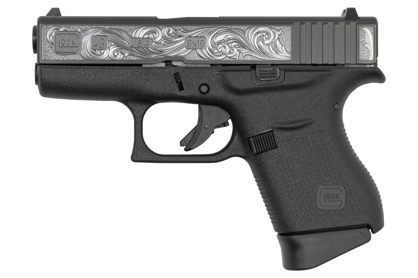 GLOCK 43 9MM SINGLE STACK PISTOL WITH CUSTOM ENGRAVED SLIDE (MADE IN THE USA)