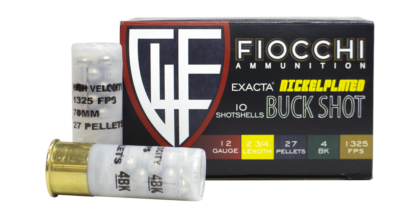 FIOCCHI 12 GA 2.75 IN 27 PELLET 4 BUCK SHOT EXACTA NICKEL PLATED 10/BOX