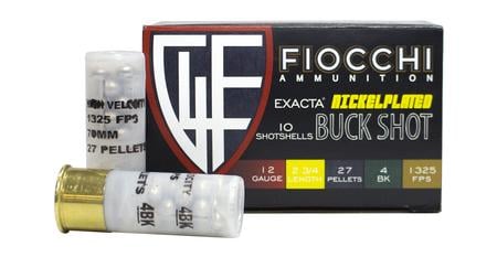 FIOCCHI 12 Gauge 2-3/4 in 27 Pellet 4 Buck Exacta Nickel Plated Buckshot 10/Box