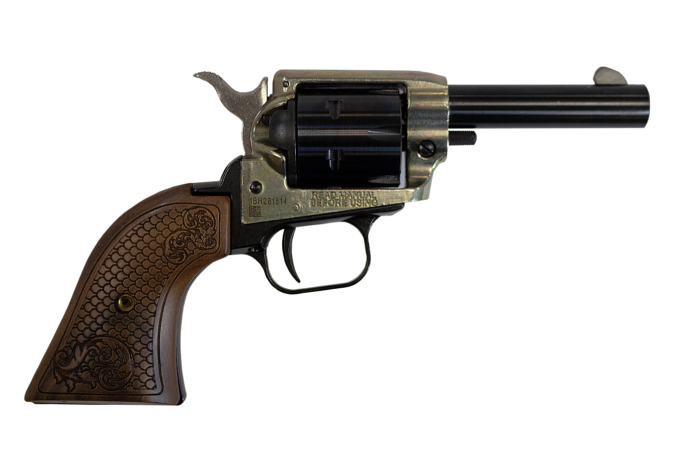 HERITAGE BARKEEP 22 LR REVOLVER WITH CUSTOM SCROLL WOOD GRIP 3 IN BARREL