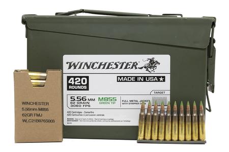 WINCHESTER AMMO 5.56mm M855 Green Tip 62 gr FMJ Stripper Clip 420 Rounds in Metal Ammo Can