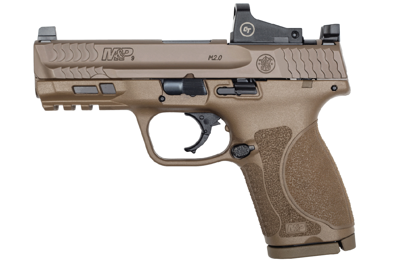 No. 16 Best Selling: SMITH AND WESSON MP M2.0 COMPACT 9MM FDE 4` BBL W/CT RED DOT 15 RND MAG