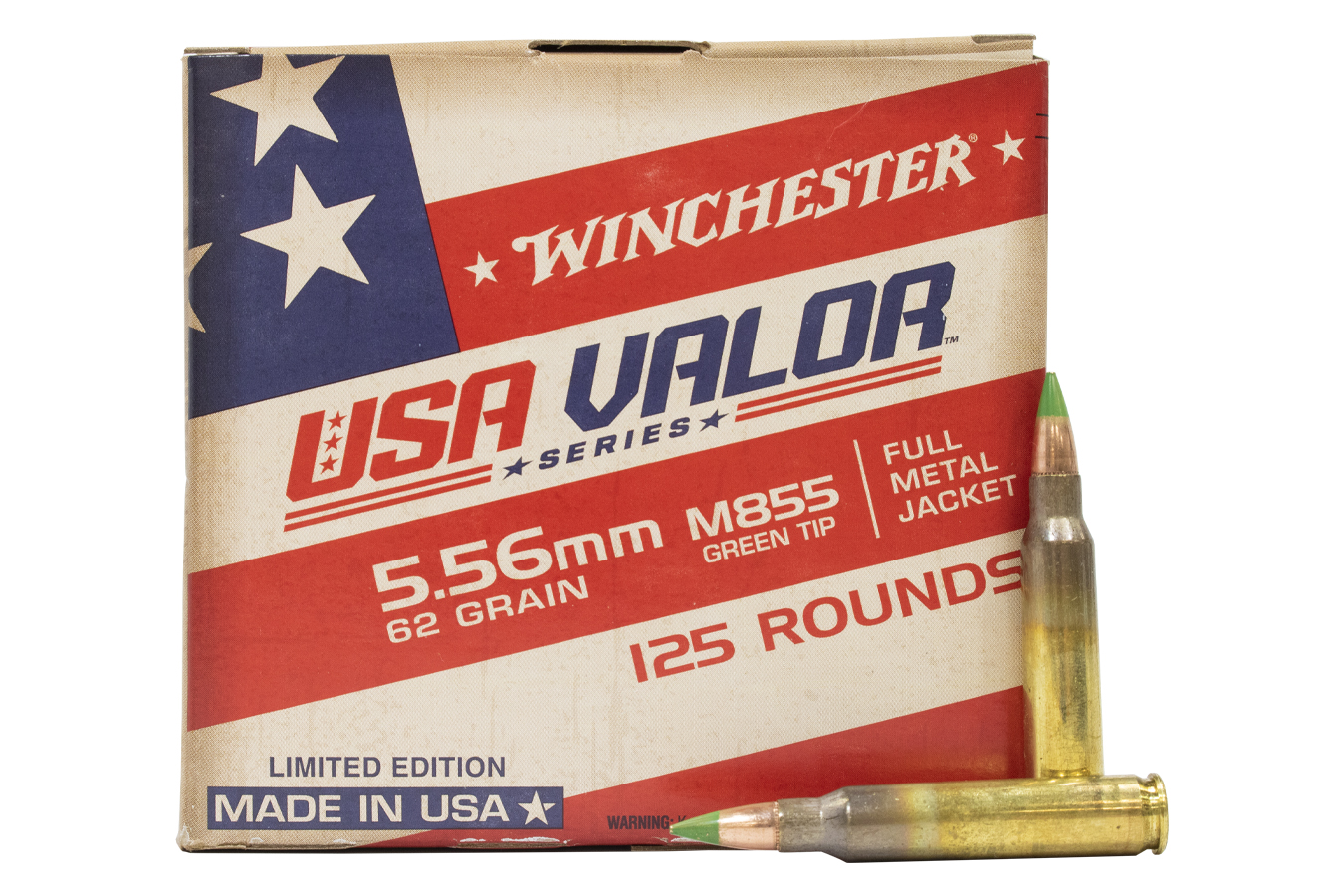 WINCHESTER AMMO 5.56MM 62 GR M855 FMJ GREEN TIP USA VALOR SERIES 125/BOX