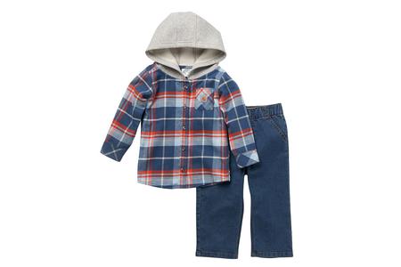 TODDLER FLANNEL LONG SLEEVE HOODED SHIRT AND DENIM WORK PANT SET
