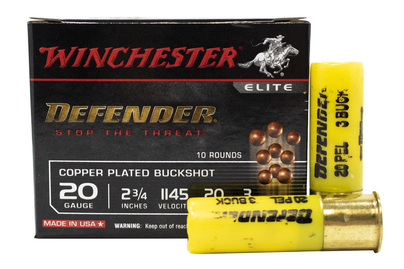 WINCHESTER AMMO 20 GAUGE 2-3/4 IN 20 PELLET 3 BUCK ELITE DEFENDER BUCKSHOT 10/BOX