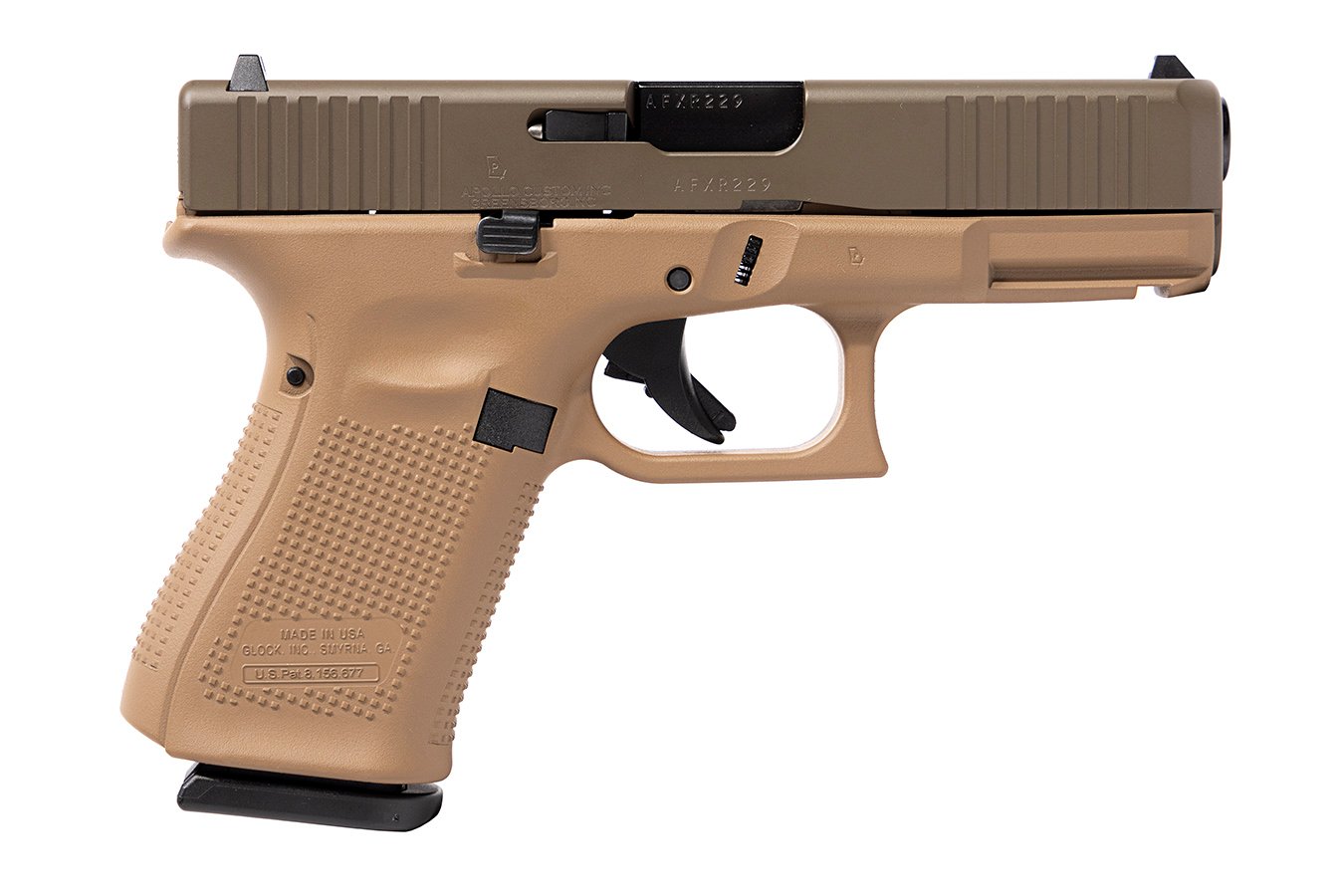 GLOCK 19 GEN5 9MM 15-ROUND PISTOL WITH FDE FRAME AND PATRIOT BROWN SLIDE