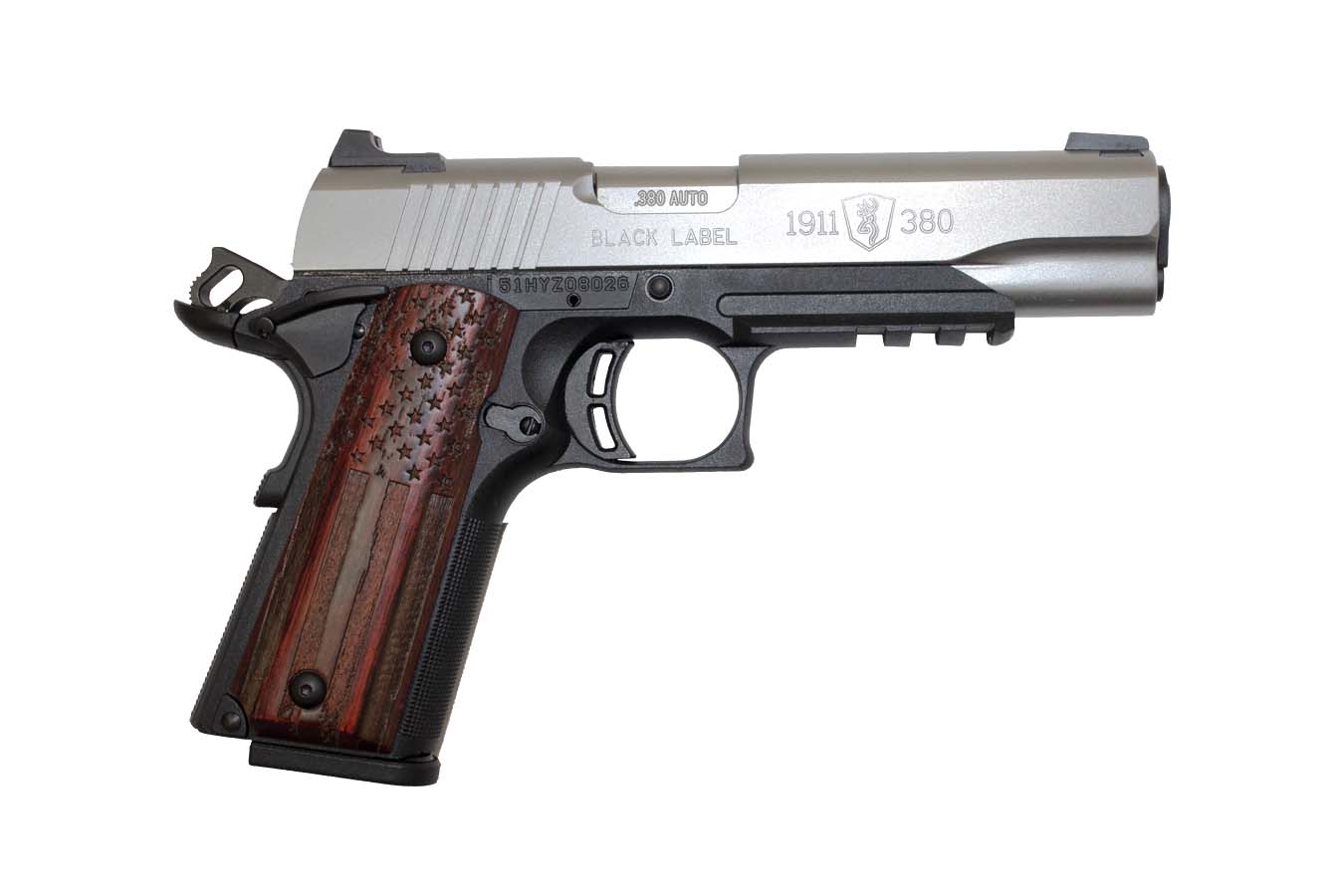 BROWNING FIREARMS 1911-380 BLACK LABEL PRO PISTOL STAINLESS STEEL WITH AMERICAN FLAG DETAIL