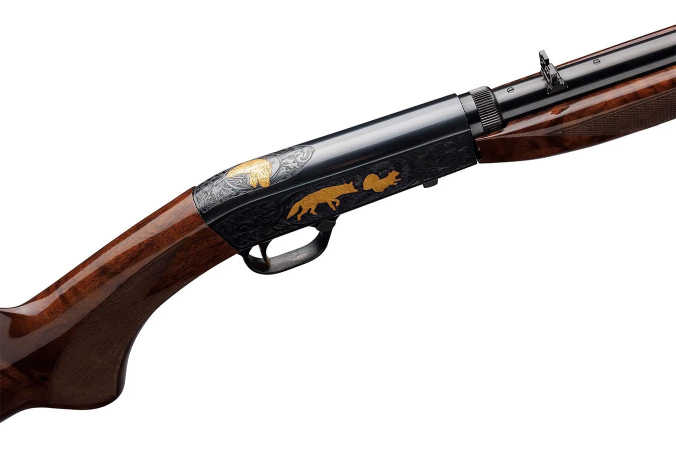 Browning SA-22 2LR Semi-Auto Rifle with Grade VI Stock and Gold Engraved Game Scene