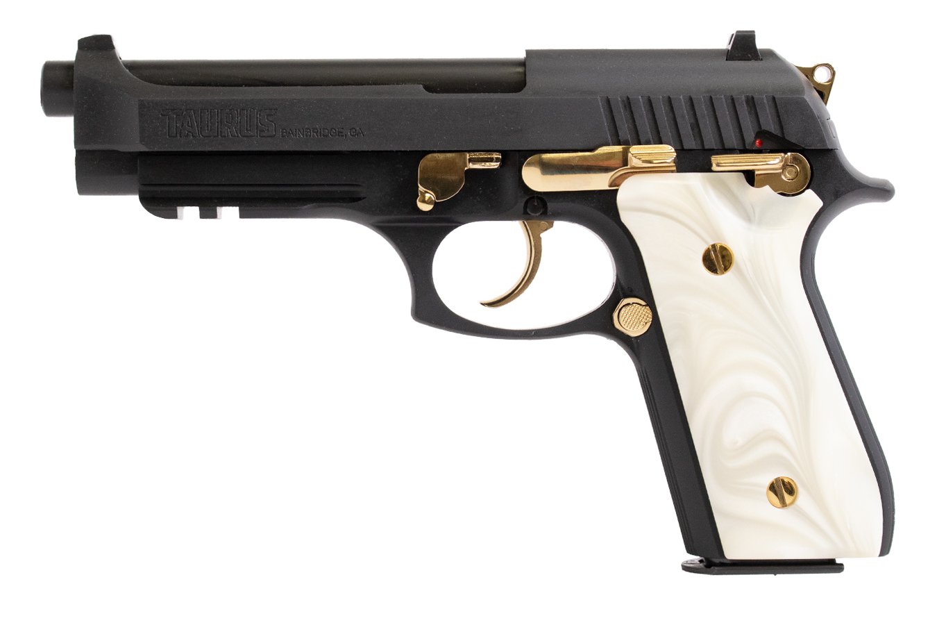 TAURUS PT92 9mm Semi-Auto Pistol with White Pearl Grips and Gold Accents