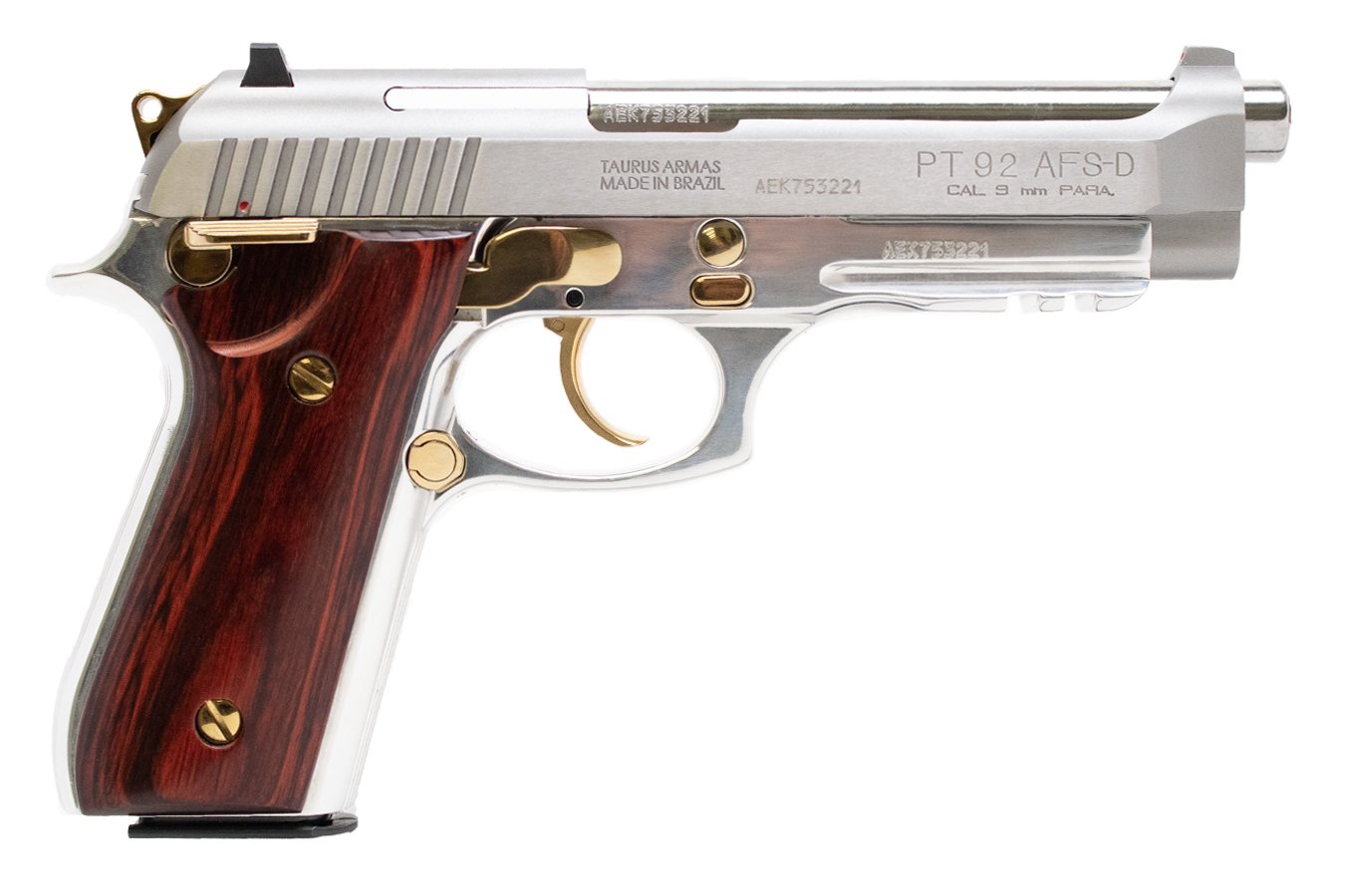 TAURUS PT92 9mm Stainless Semi-Auto Pistol with Wood Grips and Gold Accents