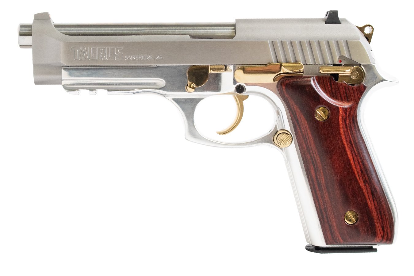 TAURUS PT92 9mm Stainless Semi-Auto Pistol with Wood Grips and Gold Accents