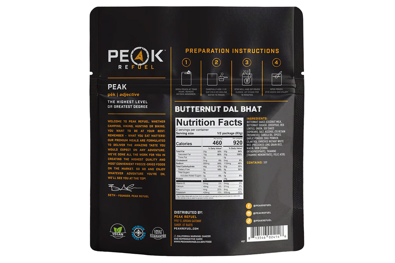 PEAK REFUEL Butternut Dal Bhat Premium Freeze-Dried Meal