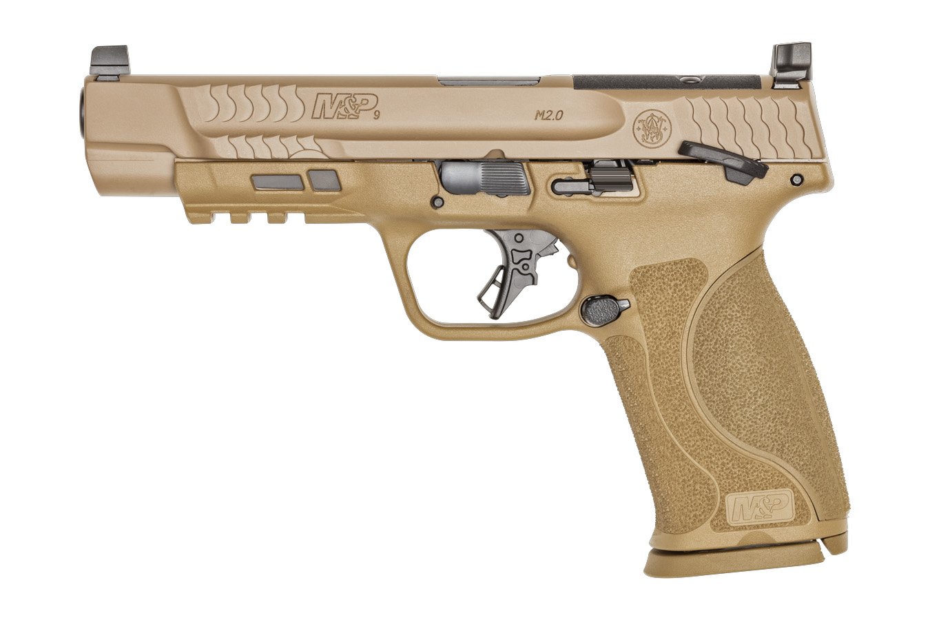 SMITH AND WESSON M&P9 M2.0 9mm Optic Ready FDE Pistol with 5 Inch Barrel, Thumb Safety, Five Magazines and Savior Range Bag