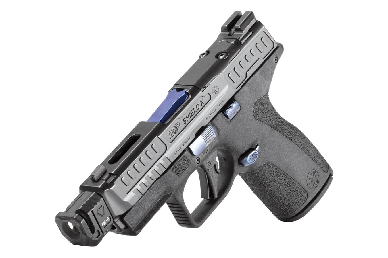SMITH AND WESSON MP Shield X Performance Center 9mm Optic Ready Pistol with Bue PVD Controls and Compensator