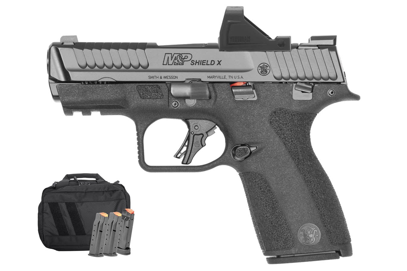 SMITH AND WESSON M&P Shield X 9mm Optic Ready Bundle with Viridian RFX-11 Green Dot, Four Mags and Savior Specialist Carry Bag