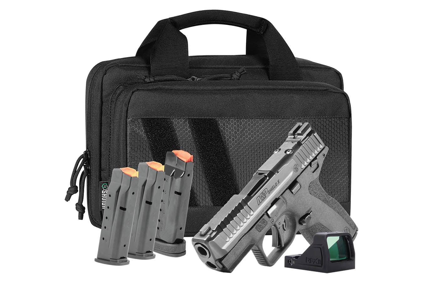 SMITH AND WESSON M&P Shield X 9mm Optic Ready Bundle with Viridian RFX-11 Green Dot, Four Mags and Savior Specialist Carry Bag