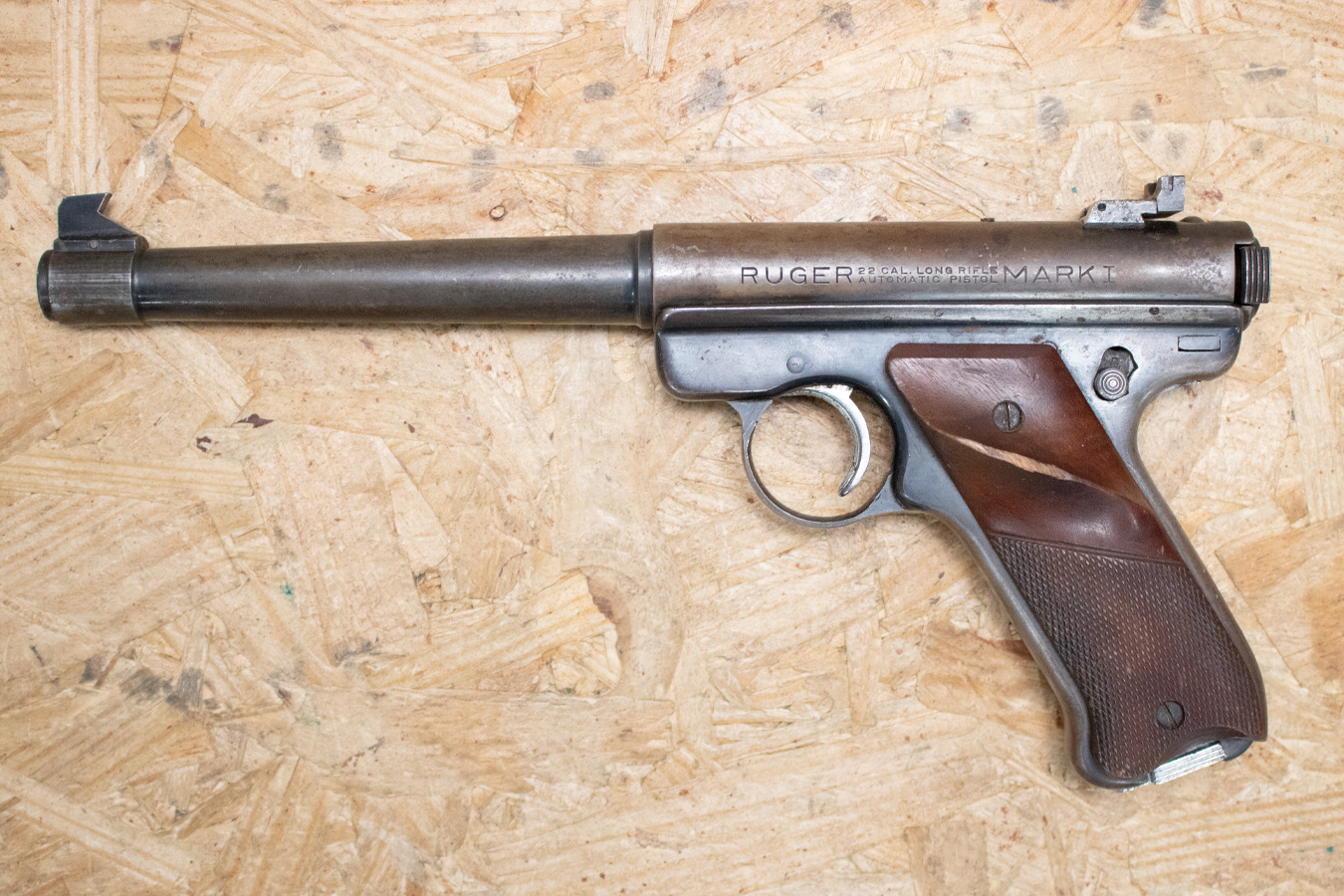 RUGER Mark I 22LR Police Trade-In Pistol with Contoured Wood Grips and Bull Barrel