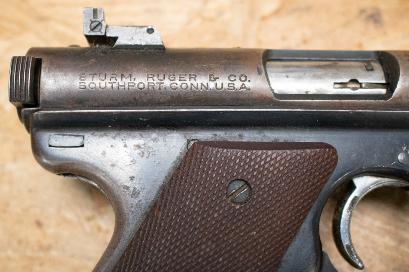 RUGER Mark I 22LR Police Trade-In Pistol with Contoured Wood Grips and Bull Barrel