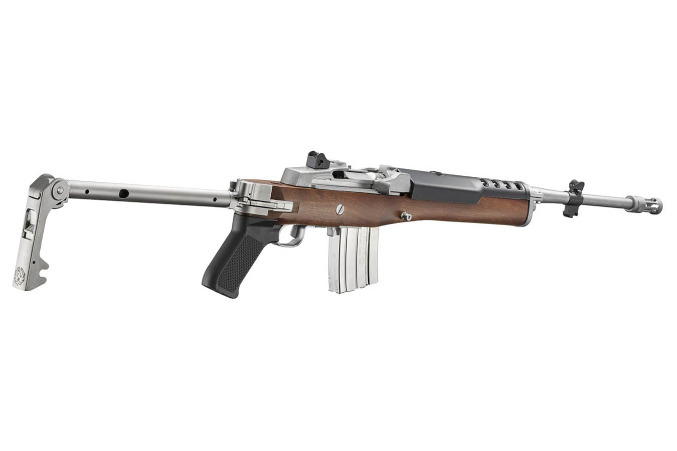 RUGER Mini-14 Tactical 5.56mm Semi-Auto Rifle with Walnut Stock, Stainless Finish and Retro Folding Stock