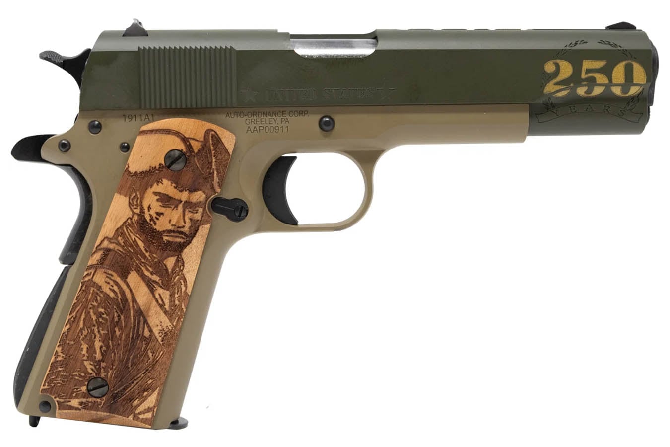 AUTO ORDNANCE 1911 Army 250th Anniversary Ed. 45 ACP Semi-Auto Pistol w/ Engraved Wood Grip