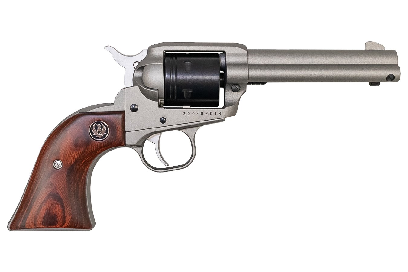 RUGER Wrangler 22LR Single-Action Revolver with Silver Cerakote Finish and Wood Laminate Grips