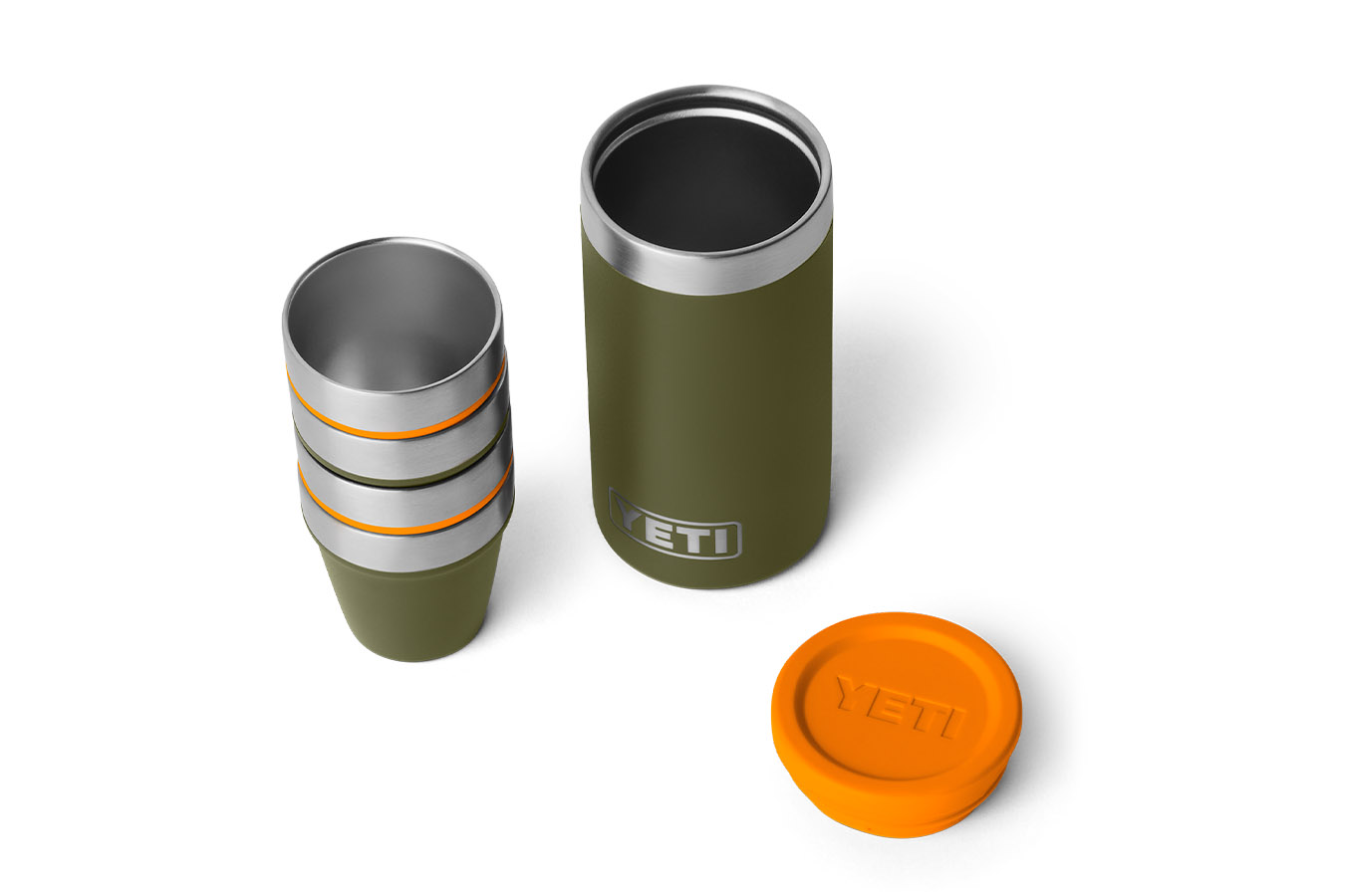 YETI COOLERS Shot Glasses with Carrying Case Olive Green and King Crab Ornage
