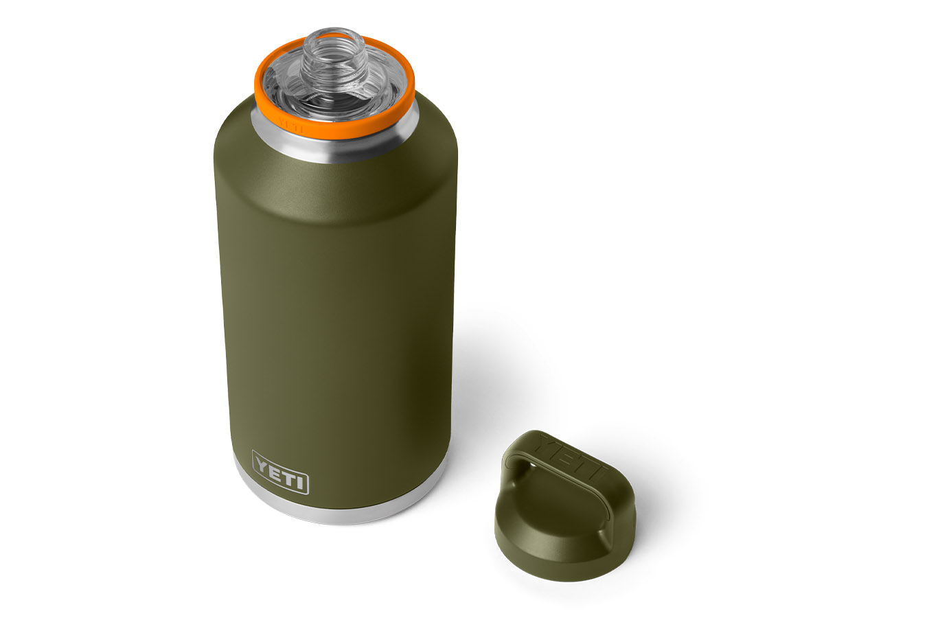 YETI COOLERS Rambler 64 oz Water Bottle with Chug Cap in Olive and King Crab Orange