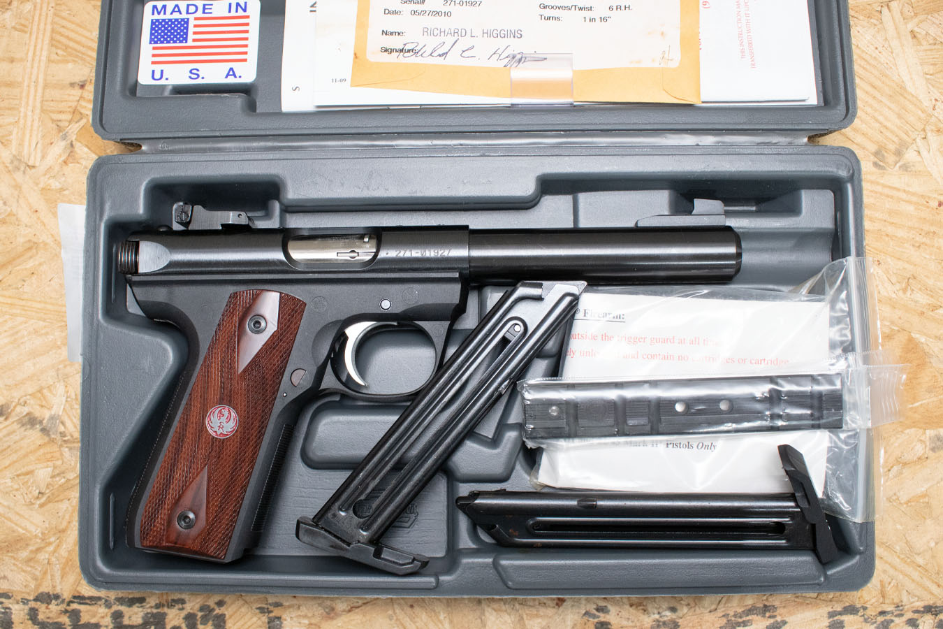 RUGER Mark III 22/45 Target 22LR Used Trade-In Pistol w/Bull Barrel, Wood Grips, Case
